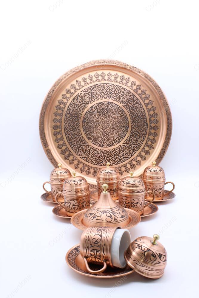 Copperdone Handmade Handcrafted Chisel Work Copper Turkish Greek Coffee Serving Set for 6 People Antic Copper Color - 3