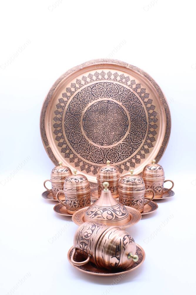 Copperdone Handmade Handcrafted Chisel Work Copper Turkish Greek Coffee Serving Set for 6 People Antic Copper Color - 4