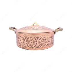 Copperdone Handmade Handcrafted Chisel Work Round Shape Copper Cooking Pot Cookware With Wooden Handle Antic Copper Color - 2