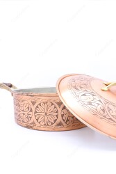 Copperdone Handmade Handcrafted Chisel Work Round Shape Copper Cooking Pot Cookware With Wooden Handle Antic Copper Color - 3