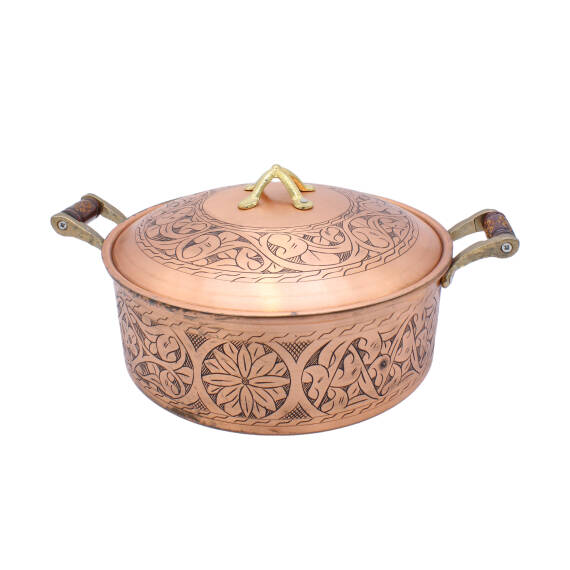 Copperdone Handmade Handcrafted Chisel Work Round Shape Copper Cooking Pot Cookware With Wooden Handle Antic Copper Color - 1