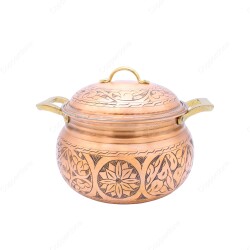 Copperdone Handmade Handcrafted Chisel Work Round Shape Vintage Copper Cooking Pot Cookware With Brass Handle Antic Copper Color - 1