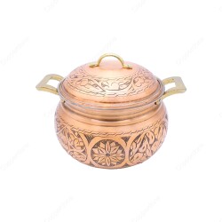 Copperdone Handmade Handcrafted Chisel Work Round Shape Vintage Copper Cooking Pot Cookware With Brass Handle Antic Copper Color - 2