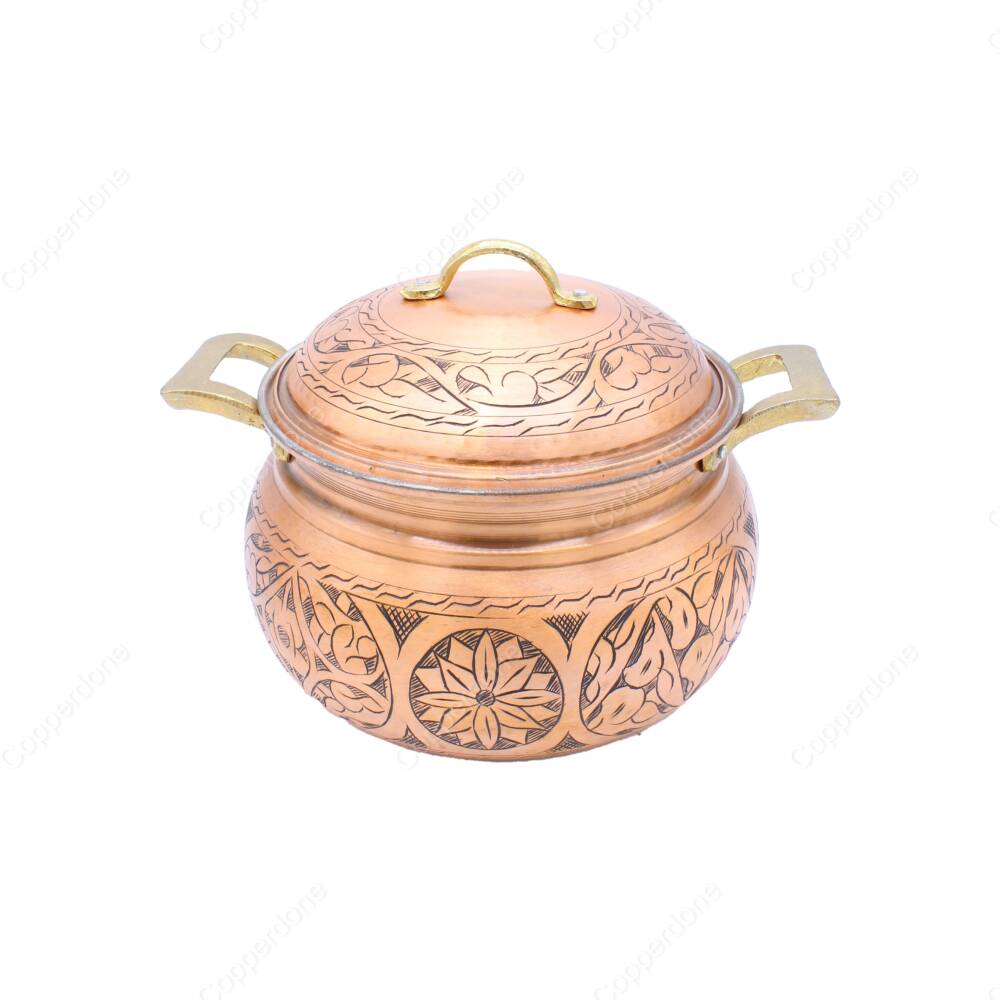 Copperdone Handmade Handcrafted Chisel Work Round Shape Vintage Copper Cooking Pot Cookware With Brass Handle Antic Copper Color - 2