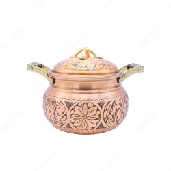 Copperdone Handmade Handcrafted Chisel Work Round Shape Vintage Copper Cooking Pot Cookware With Wooden Handle Antic Copper Color - 1