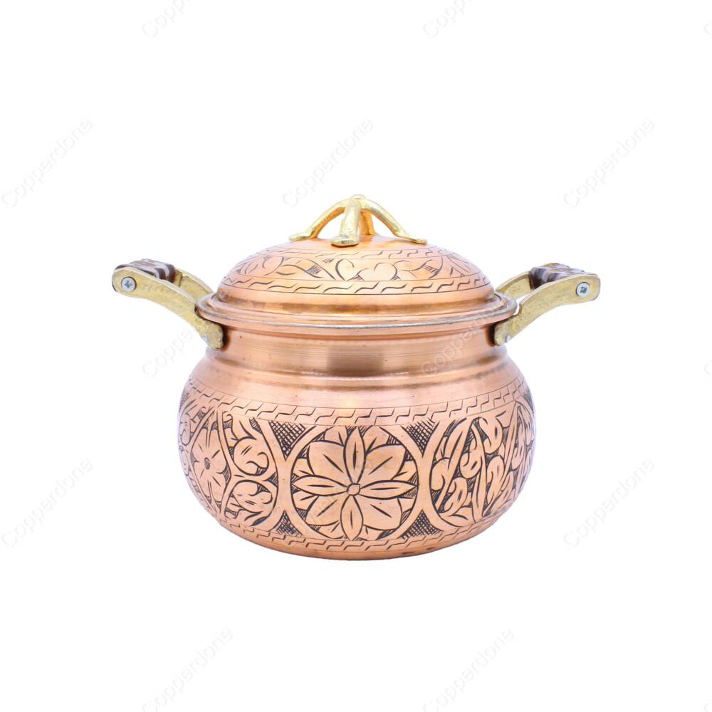 Copperdone Handmade Handcrafted Chisel Work Round Shape Vintage Copper Cooking Pot Cookware With Wooden Handle Antic Copper Color - 1