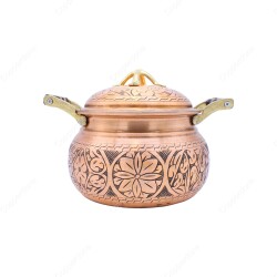 Copperdone Handmade Handcrafted Chisel Work Round Shape Vintage Copper Cooking Pot Cookware With Wooden Handle Antic Copper Color - 2