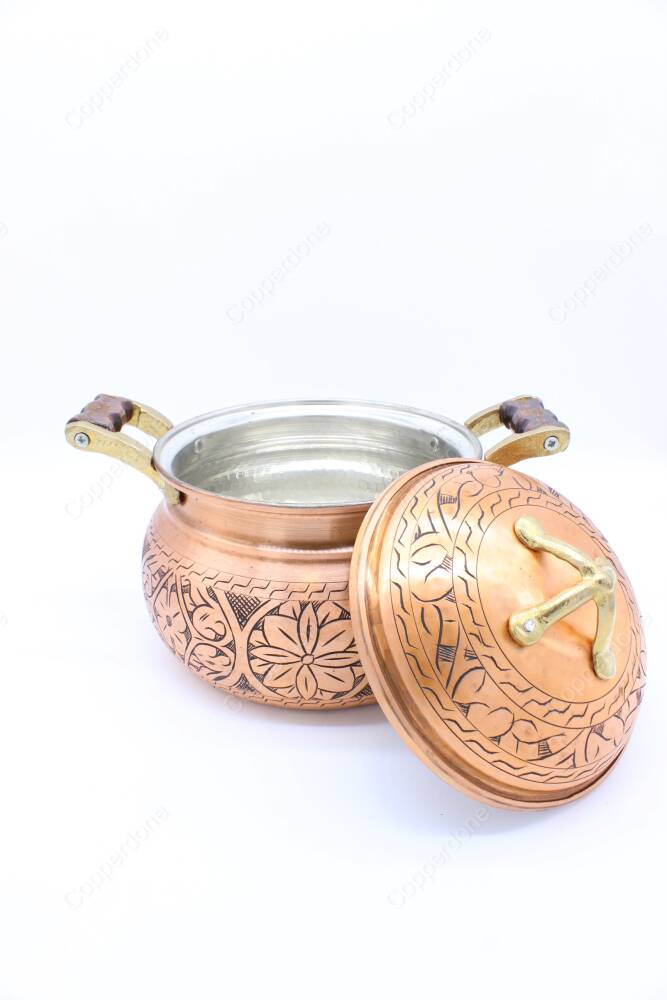 Copperdone Handmade Handcrafted Chisel Work Round Shape Vintage Copper Cooking Pot Cookware With Wooden Handle Antic Copper Color - 3