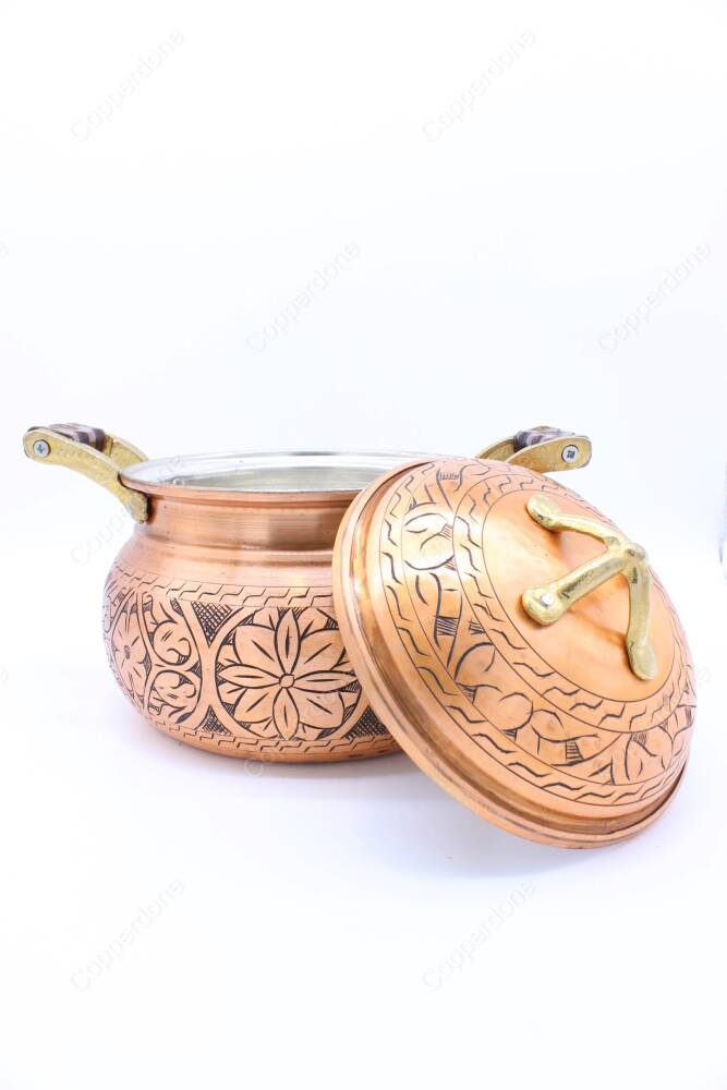 Copperdone Handmade Handcrafted Chisel Work Round Shape Vintage Copper Cooking Pot Cookware With Wooden Handle Antic Copper Color - 4