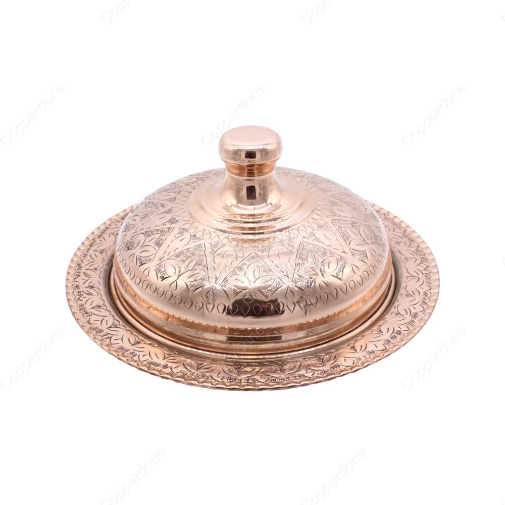 Copperdone Handmade Handcrafted Chisel Work Turkish Copper Round Shape Serving Plate Platter With Lid For Kitchen Copper Color - 1