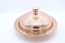 Copperdone Handmade Handcrafted Chisel Work Turkish Copper Round Shape Serving Plate Platter With Lid For Kitchen Copper Color - 3