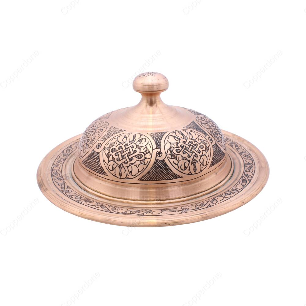 Copperdone Handmade Handcrafted Chisel Work Turkish Copper Round Shape Serving Plate Platter With Lid For Kitchen - 1