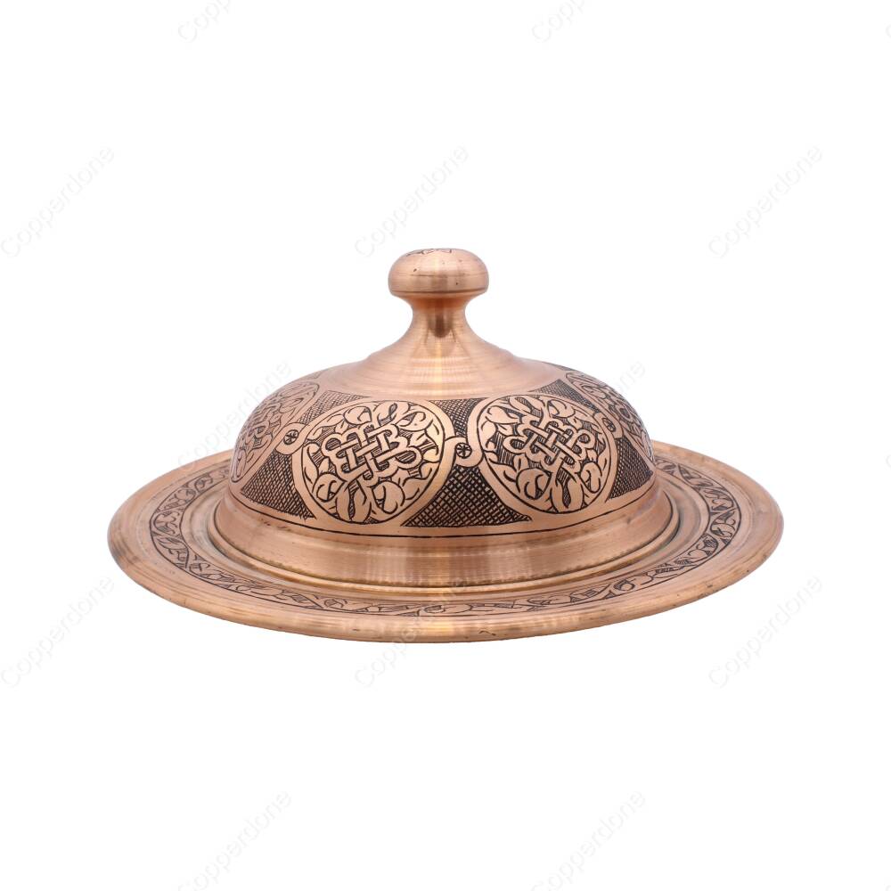 Copperdone Handmade Handcrafted Chisel Work Turkish Copper Round Shape Serving Plate Platter With Lid For Kitchen - 2