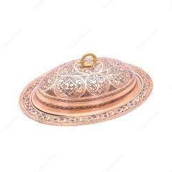 Copperdone Handmade Handcrafted Chisel Work Turkish Copper Serving Plate Platter With Lid For Kitchen Antique Copper Color - 1