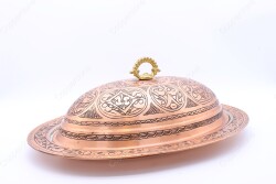 Copperdone Handmade Handcrafted Chisel Work Turkish Copper Serving Plate Platter With Lid For Kitchen Antique Copper Color - 3