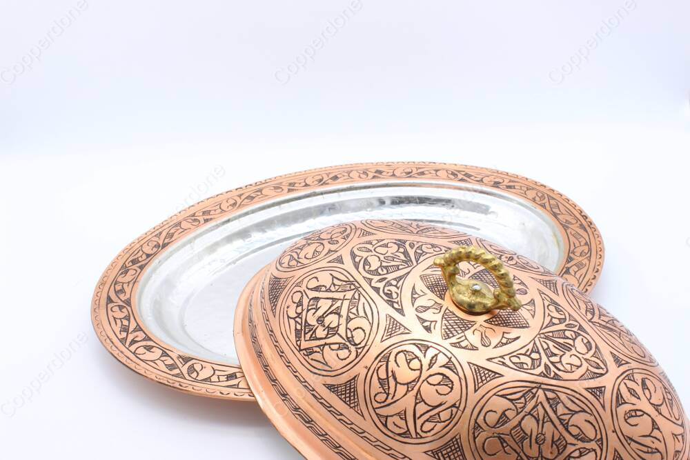 Copperdone Handmade Handcrafted Chisel Work Turkish Copper Serving Plate Platter With Lid For Kitchen Antique Copper Color - 4