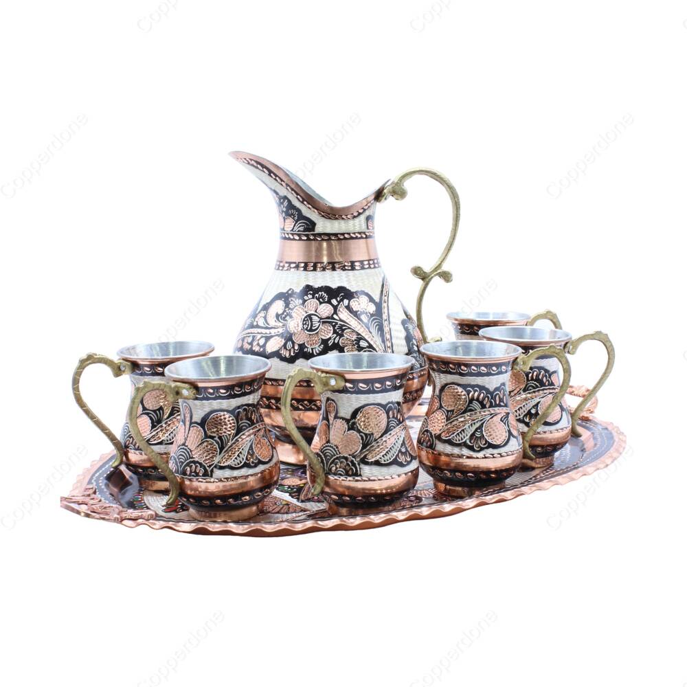 Copperdone Handmade Handcrafted Copper Ayran Water Drinkware Serving Set With Oval Tray For 6 People Black Color - 1