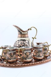 Copperdone Handmade Handcrafted Copper Ayran Water Drinkware Serving Set With Oval Tray For 6 People Black Color - 3