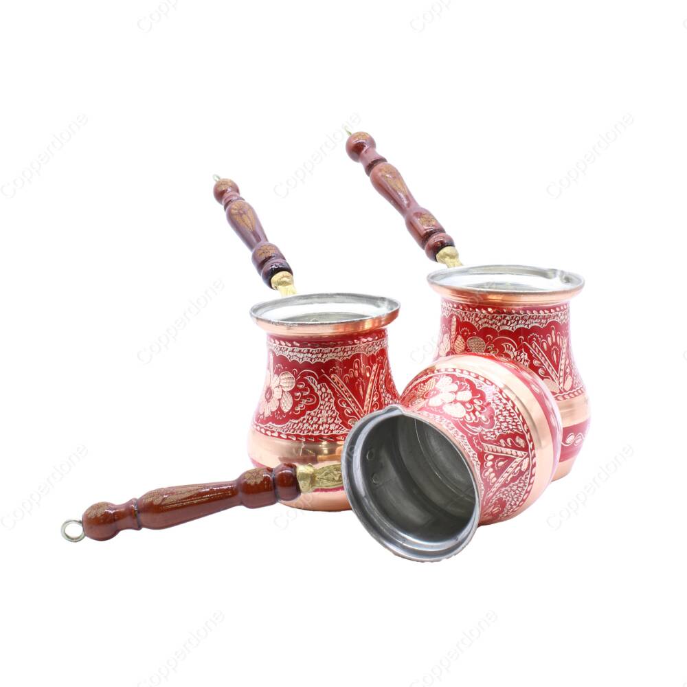 Copperdone Handmade Handcrafted Copper Coffee Pot Cezve Ibrik Briki Turkish Greek Arabic Coffee Maker with Wooden Handle Red Color Set - 2