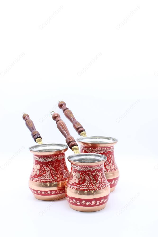 Copperdone Handmade Handcrafted Copper Coffee Pot Cezve Ibrik Briki Turkish Greek Arabic Coffee Maker with Wooden Handle Red Color Set - 4