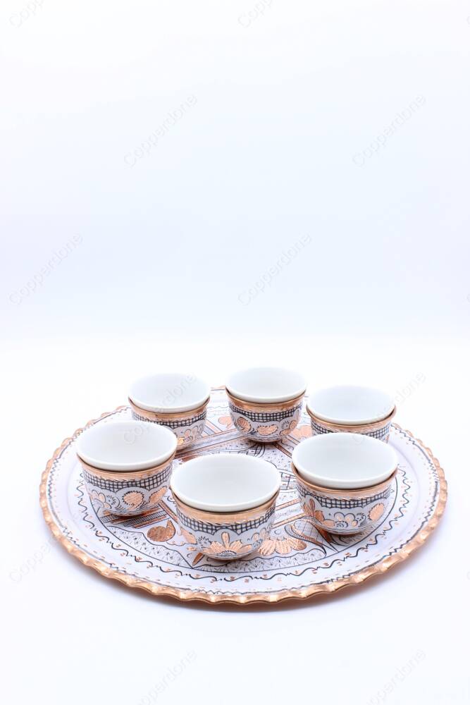 Copperdone Handmade Handcrafted Copper Turkish Arabic Coffee Mırra Serving Set for 6 People White Color - 3