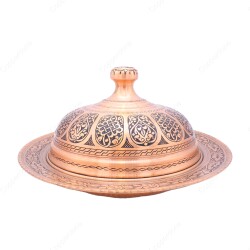 Copperdone Handmade Handcrafted Embossed Pattern Turkish Copper Round Shape Serving Plate Platter With Lid For Kitchen Antique Copper Color - 1