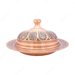 Copperdone Handmade Handcrafted Embossed Pattern Turkish Copper Round Shape Serving Plate Platter With Lid For Kitchen Antique Copper Color - 2