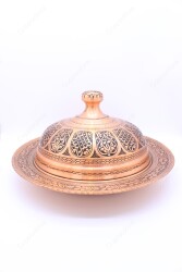 Copperdone Handmade Handcrafted Embossed Pattern Turkish Copper Round Shape Serving Plate Platter With Lid For Kitchen Antique Copper Color - 3