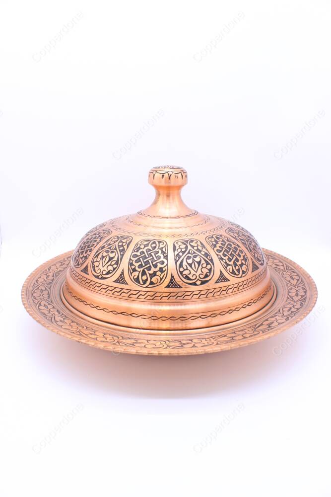 Copperdone Handmade Handcrafted Embossed Pattern Turkish Copper Round Shape Serving Plate Platter With Lid For Kitchen Antique Copper Color - 3