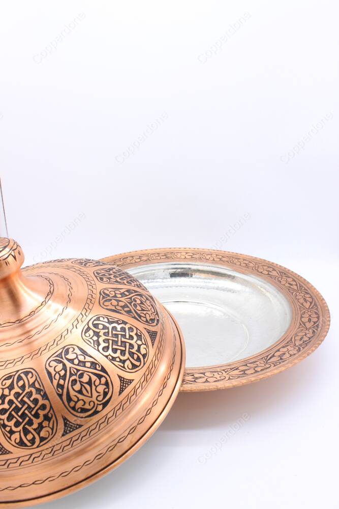 Copperdone Handmade Handcrafted Embossed Pattern Turkish Copper Round Shape Serving Plate Platter With Lid For Kitchen Antique Copper Color - 4