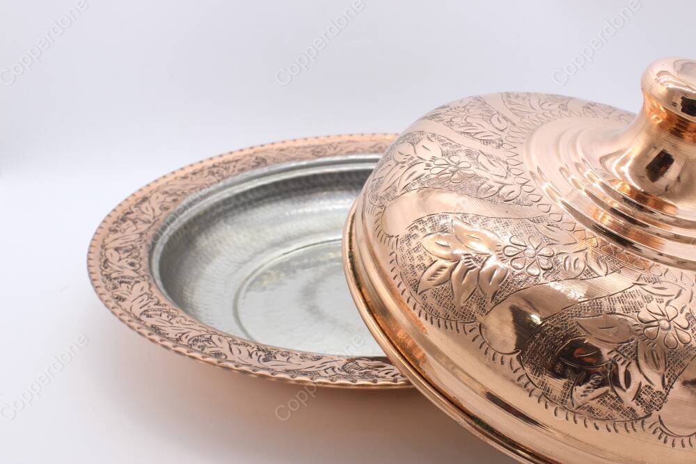 Copperdone Handmade Handcrafted Embroidered Floral Pattern Turkish Copper Round Shape Serving Plate Platter With Lid For Kitchen - 4