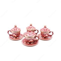 Copperdone Handmade Handcrafted Turkish Greek Coffee Cup Set for 4 People Red Color - 1