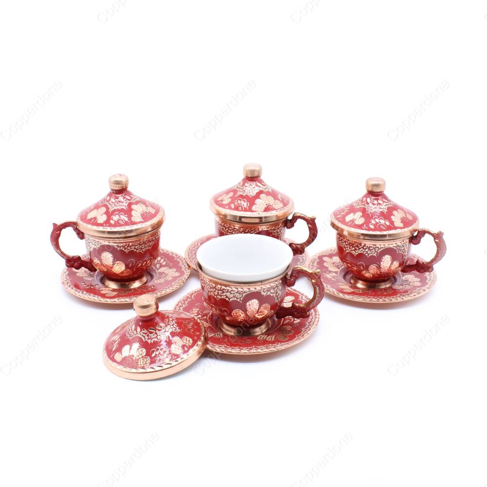 Copperdone Handmade Handcrafted Turkish Greek Coffee Cup Set for 4 People Red Color - 2