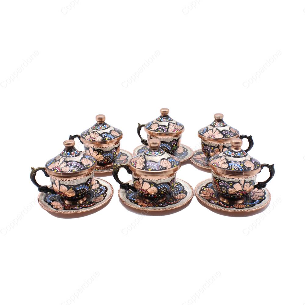 Copperdone Handmade Handcrafted Turkish Greek Coffee Cup Set for 6 People Black Enameled Color - 1