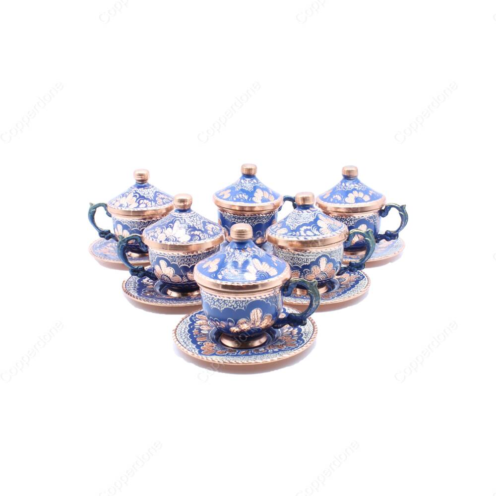 Copperdone Handmade Handcrafted Turkish Greek Coffee Cup Set for 6 People Blue Color - 1