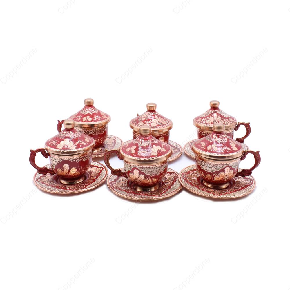 Copperdone Handmade Handcrafted Turkish Greek Coffee Cup Set for 6 People Red Color - 2