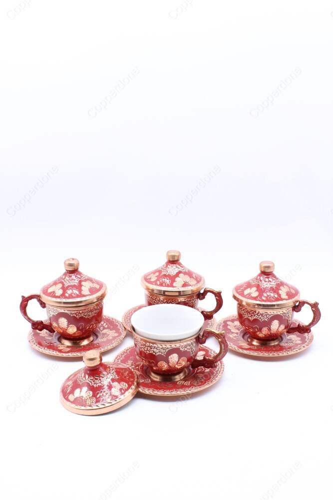 Copperdone Handmade Handcrafted Turkish Greek Coffee Cup Set for 6 People Red Color - 4