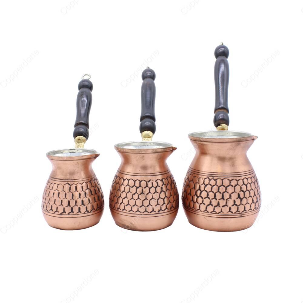 Copperdone Handmade Honeycomb Motif Hand Engraved Copper Coffee Pot Cezve Ibrik Briki Turkish Greek Arabic Coffee Maker Set Antique Copper Color - 1