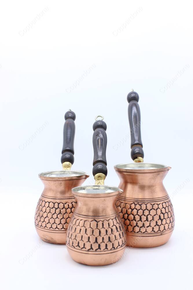 Copperdone Handmade Honeycomb Motif Hand Engraved Copper Coffee Pot Cezve Ibrik Briki Turkish Greek Arabic Coffee Maker Set Antique Copper Color - 3