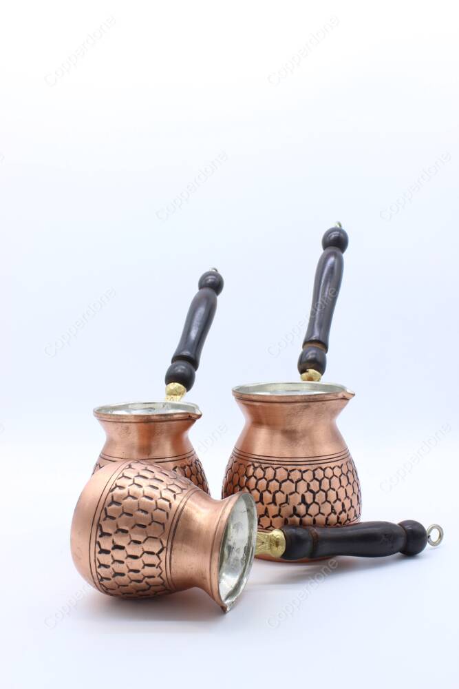 Copperdone Handmade Honeycomb Motif Hand Engraved Copper Coffee Pot Cezve Ibrik Briki Turkish Greek Arabic Coffee Maker Set Antique Copper Color - 4