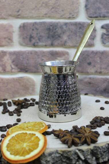 Copperdone Handmade Honeycomb Motif Hand Engraved Copper Coffee Pot Cezve Ibrik Briki Turkish Greek Arabic Coffee Pot Small Silver Color - 3