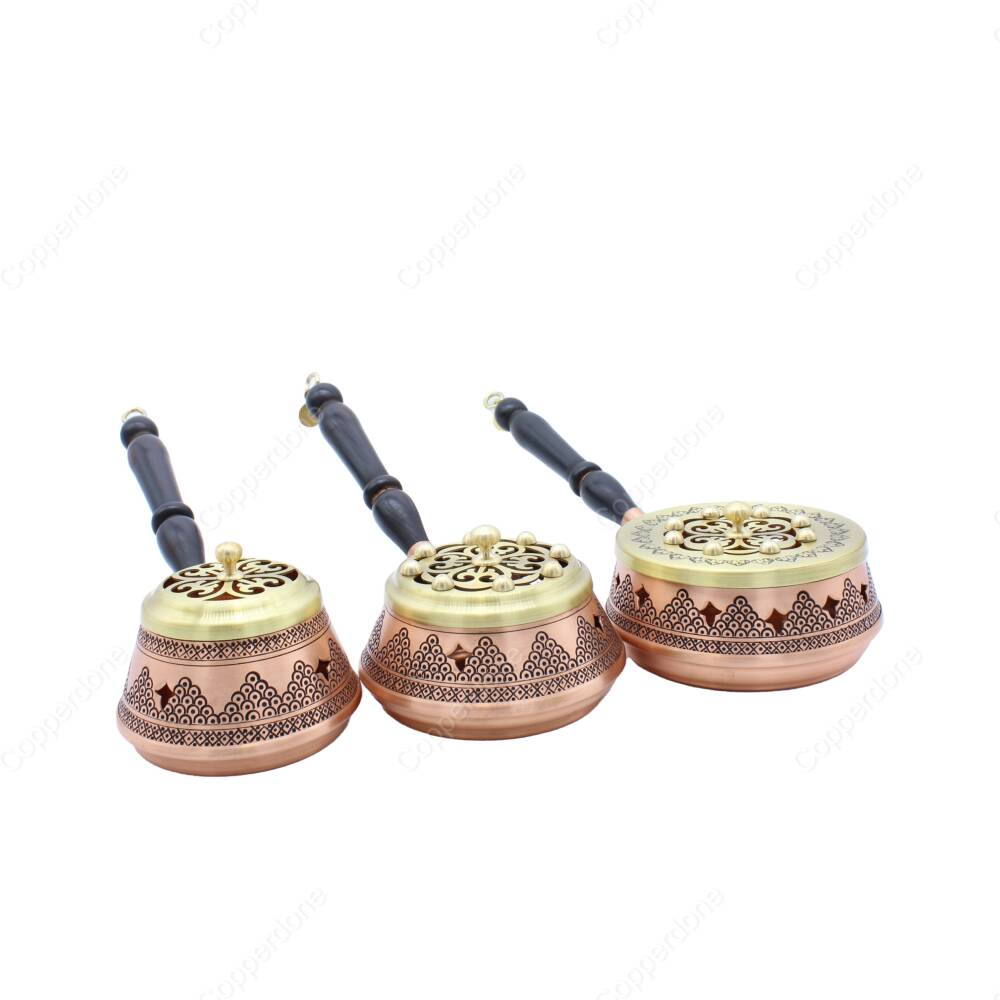 Copperdone Home Decor Grape Motif Hand Engraved Chisel Work Brass Cover Incense Burner Holder Antique Copper Color Set of 3 - 1