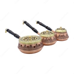 Copperdone Home Decor Grape Motif Hand Engraved Chisel Work Brass Cover Incense Burner Holder Antique Copper Color Set of 3 - 2