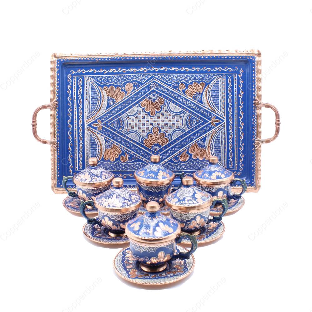 Copperdone Home Decor Handmade Handcrafted Copper Turkish Greek Coffee Serving Set for 6 People Blue Color - 1