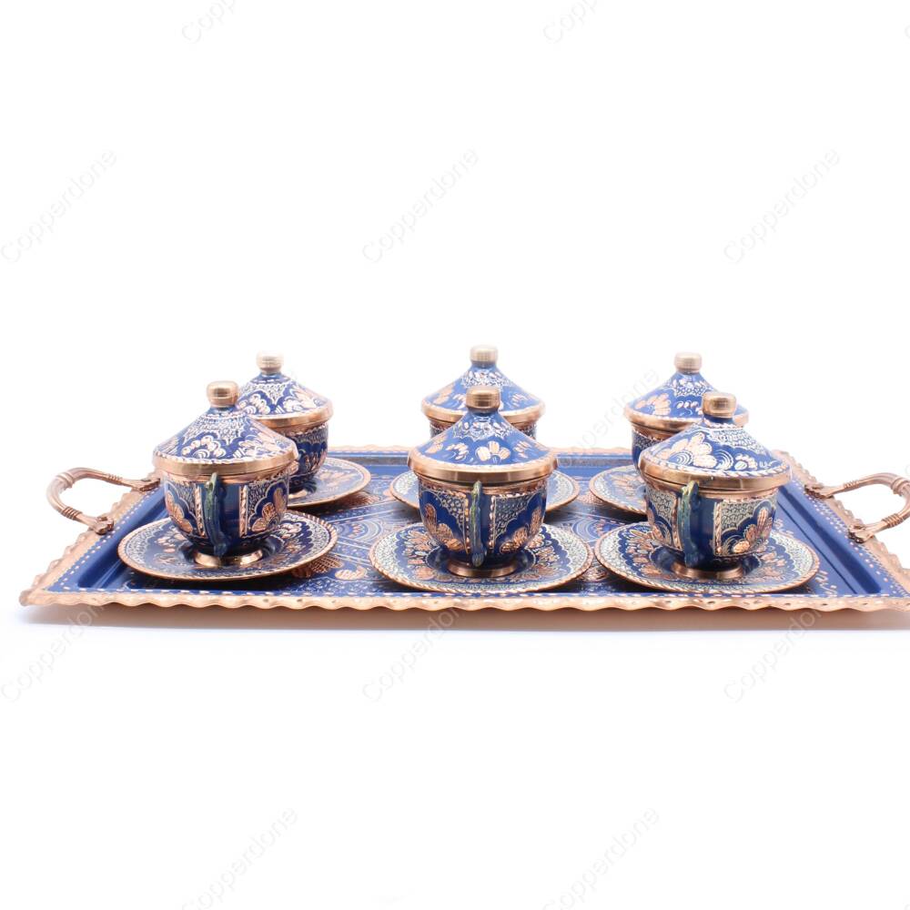 Copperdone Home Decor Handmade Handcrafted Copper Turkish Greek Coffee Serving Set for 6 People Blue Color - 2