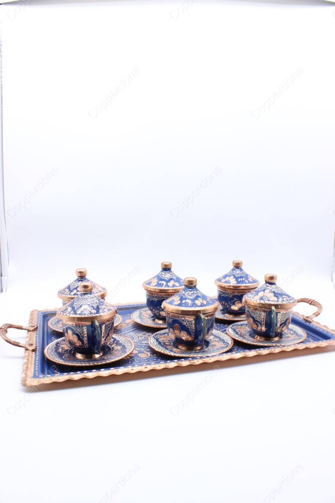 Copperdone Home Decor Handmade Handcrafted Copper Turkish Greek Coffee Serving Set for 6 People Blue Color - 3