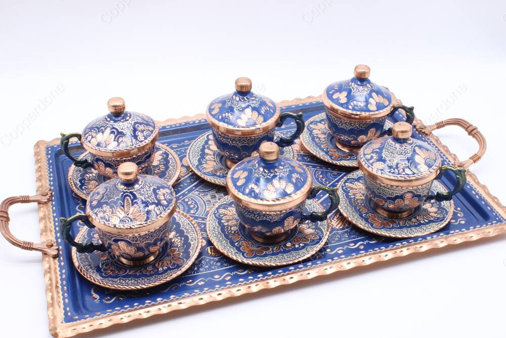 Copperdone Home Decor Handmade Handcrafted Copper Turkish Greek Coffee Serving Set for 6 People Blue Color - 4