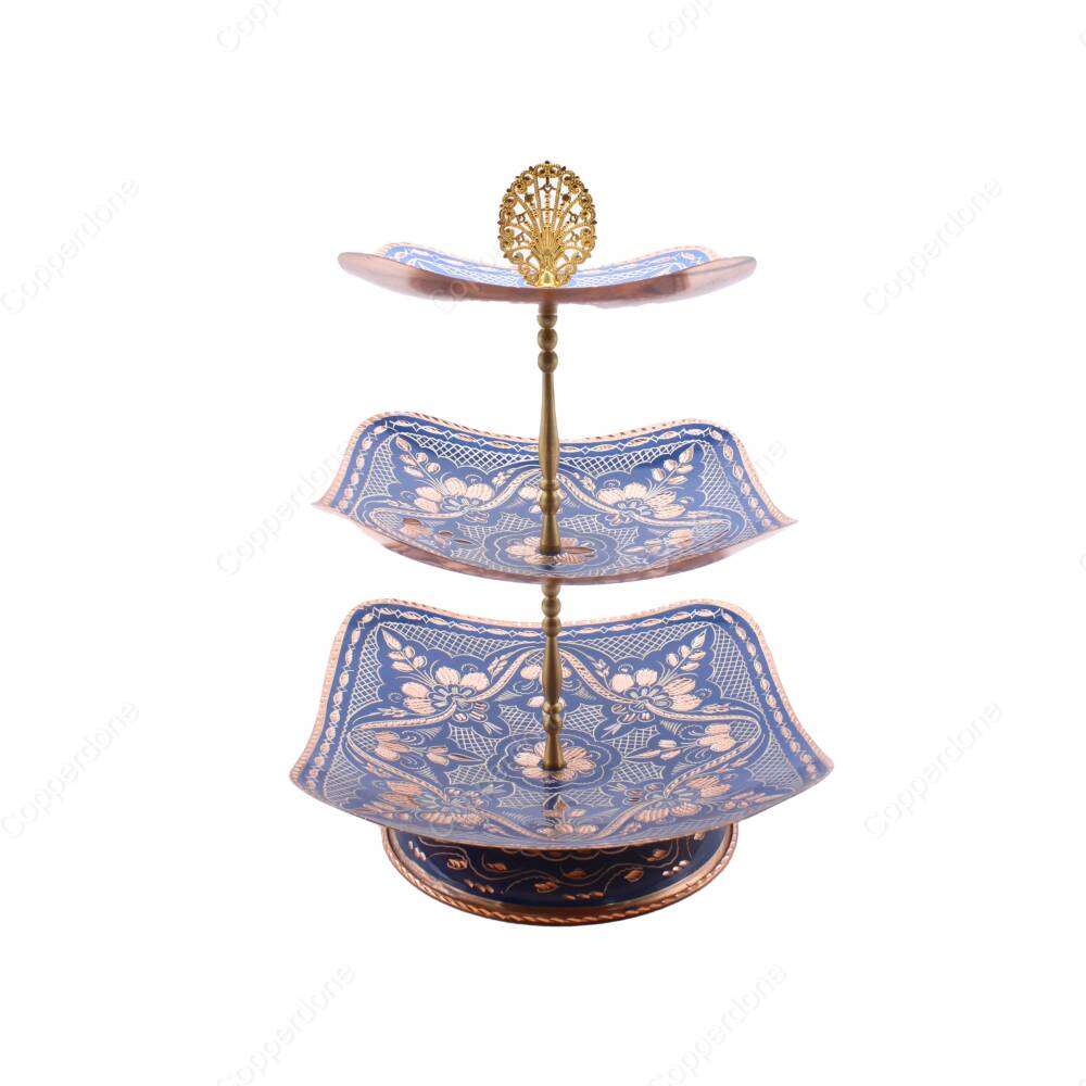 Copperdone Home Decoration Handcrafted Three Tier Copper Serving Stand Cookies Cake Food Dessert Serving Tray Blue Color - 1