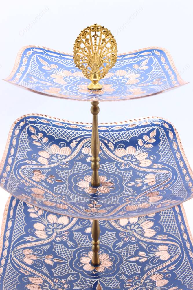 Copperdone Home Decoration Handcrafted Three Tier Copper Serving Stand Cookies Cake Food Dessert Serving Tray Blue Color - 4