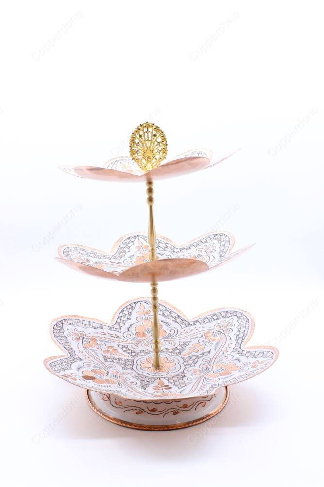 Copperdone Home Decoration Handcrafted Three Tier Copper Serving Stand Cookies Cake Food Dessert Serving Tray White Color - 3